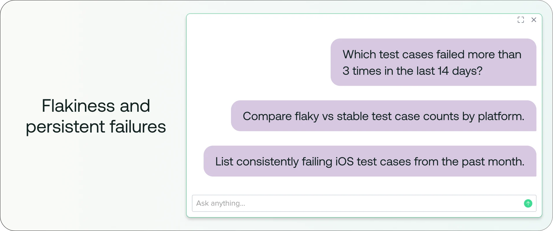 Interface showing "Flakiness and persistent failures" with three green query buttons for analyzing test case failures.