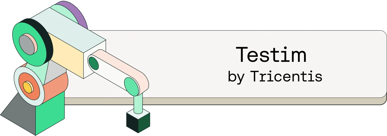 Colorful isometric illustration of a mechanical device with rollers and conveyor belt, labeled "Testim by Tricentis"