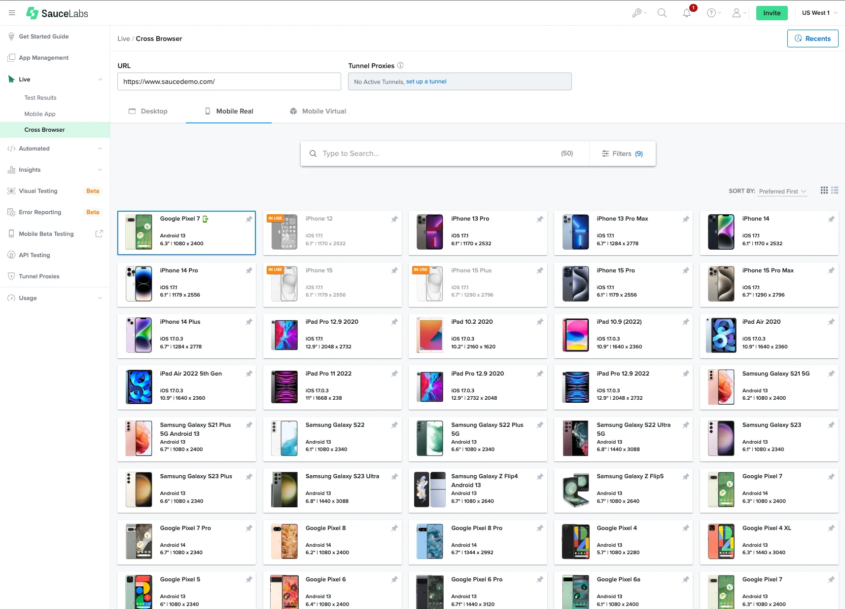 Sauce Labs real device cloud screen