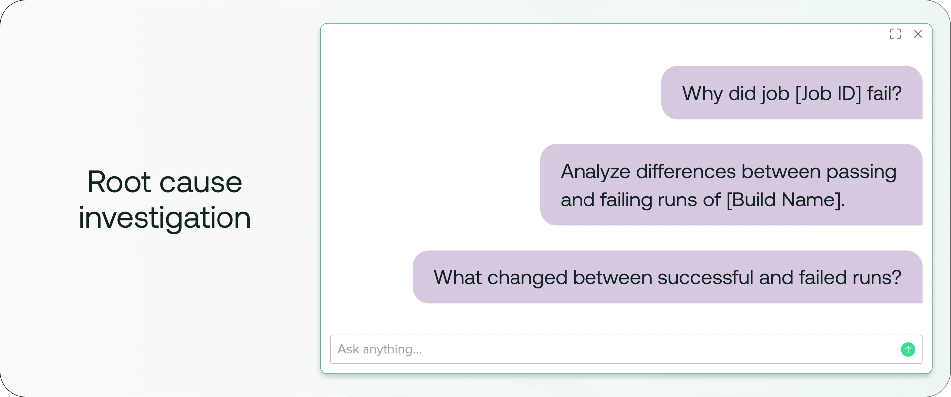Root cause investigation interface showing sample questions about job failures and build comparisons in purple chat bubbles.