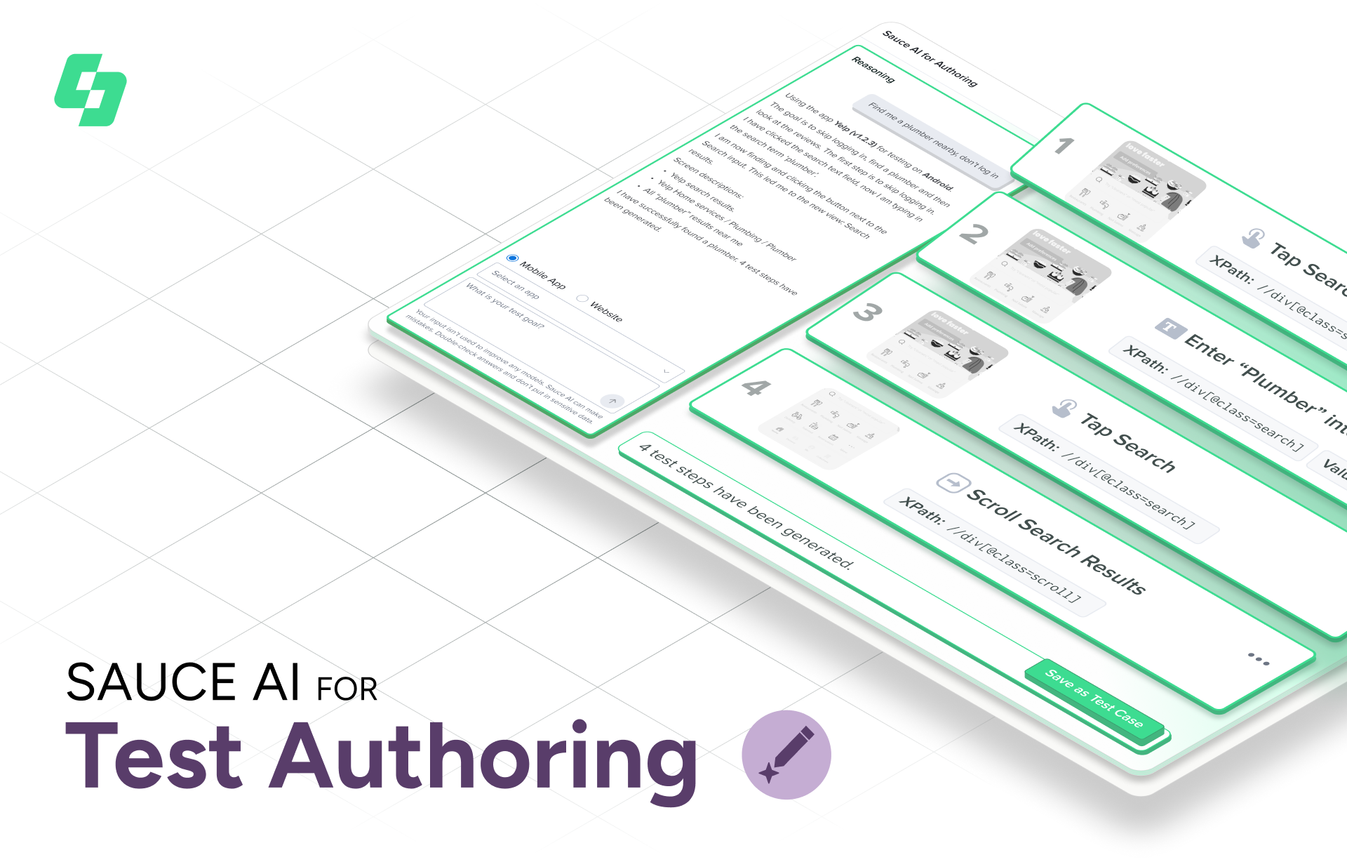 Sauce AI interface showing test authoring platform with multiple green-outlined steps and search functionality for automated testing.