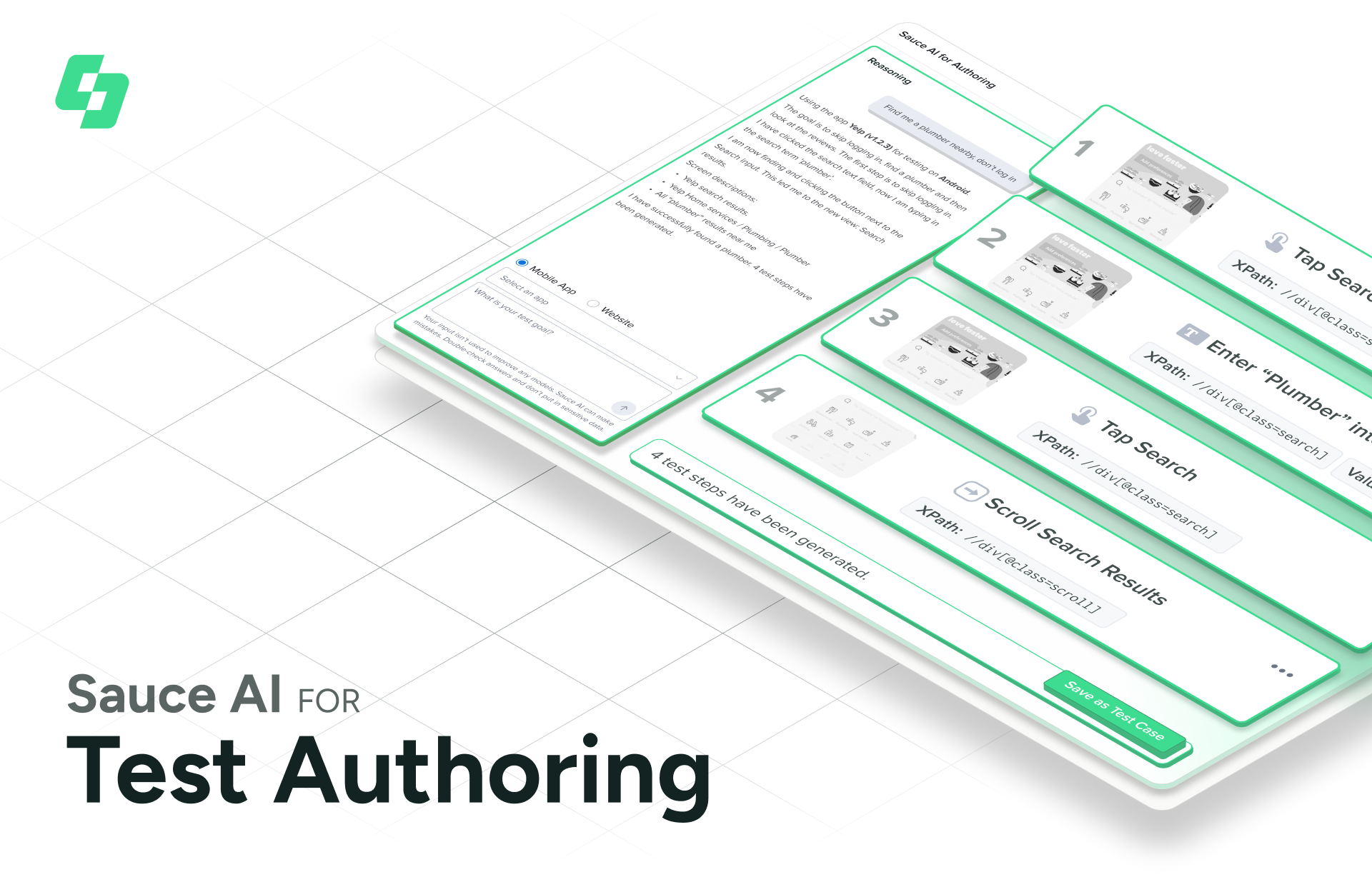 Sauce AI interface showing test authoring platform with multiple green-outlined steps and search functionality for automated testing.