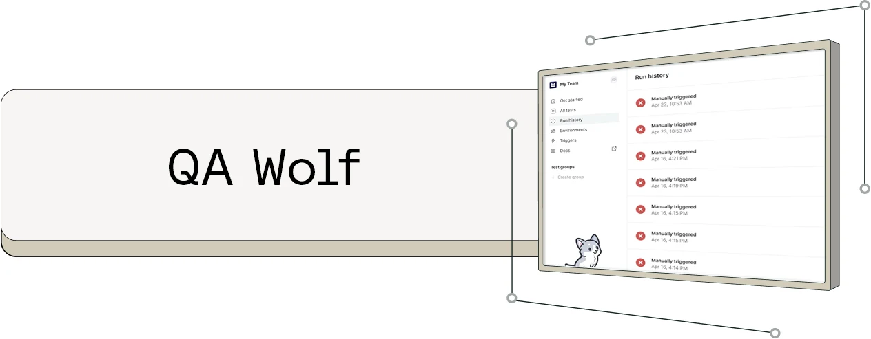 QA Wolf interface showing run history with manually triggered tests and a small wolf cartoon mascot in the corner.