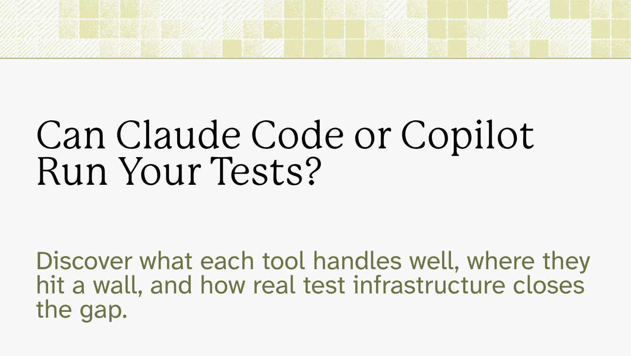 Sauce Labs blog graphic asking "Can Claude Code or Copilot Run Your Tests?" with olive green text and a geometric tile border.