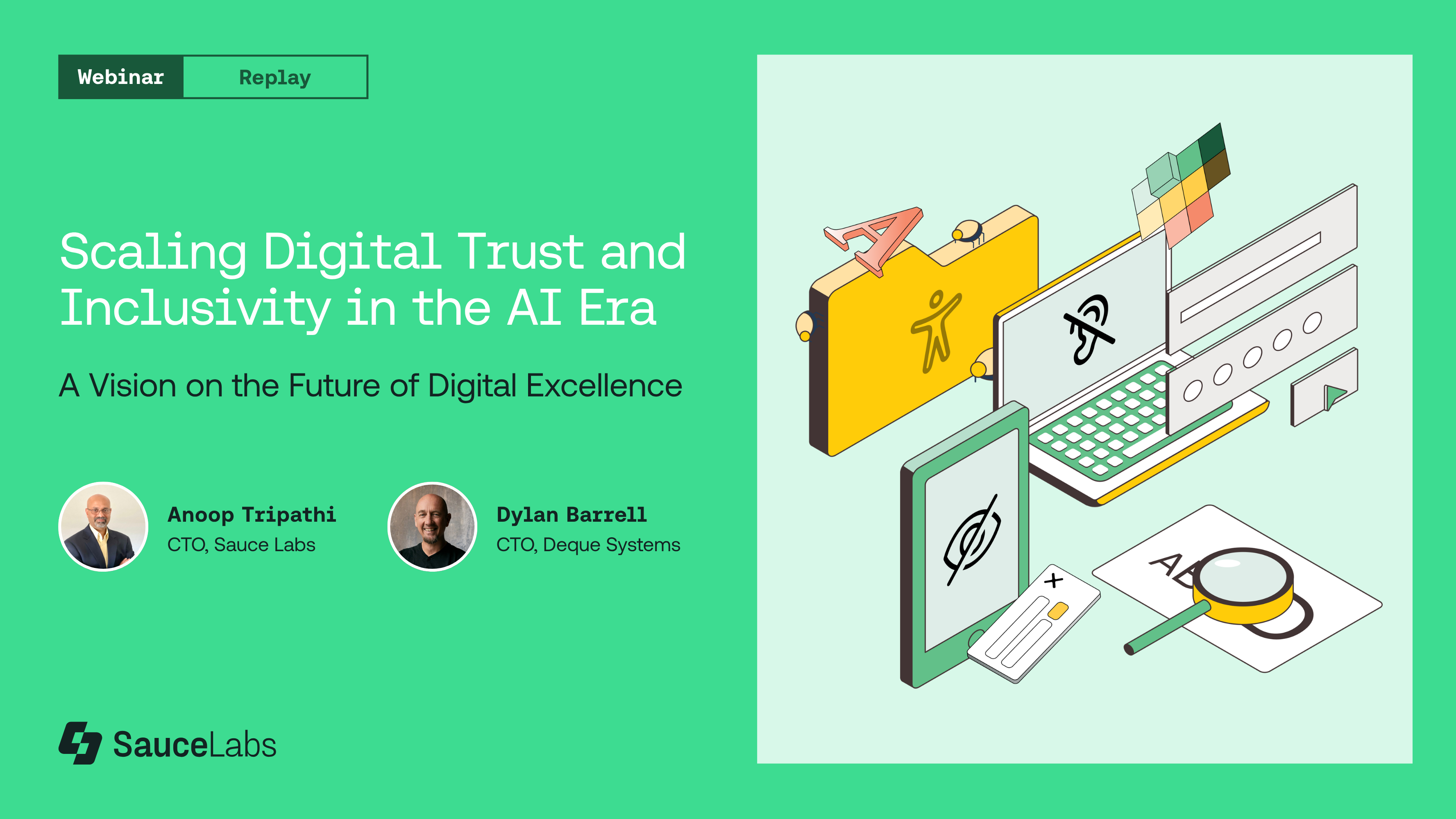 Sauce Labs webinar replay graphic on Scaling Digital Trust and Inclusivity in the AI Era, featuring two speakers.