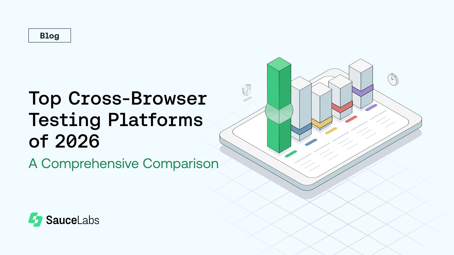 Isometric illustration of data charts on a tablet for a blog post about cross-browser testing platforms by SauceLabs.