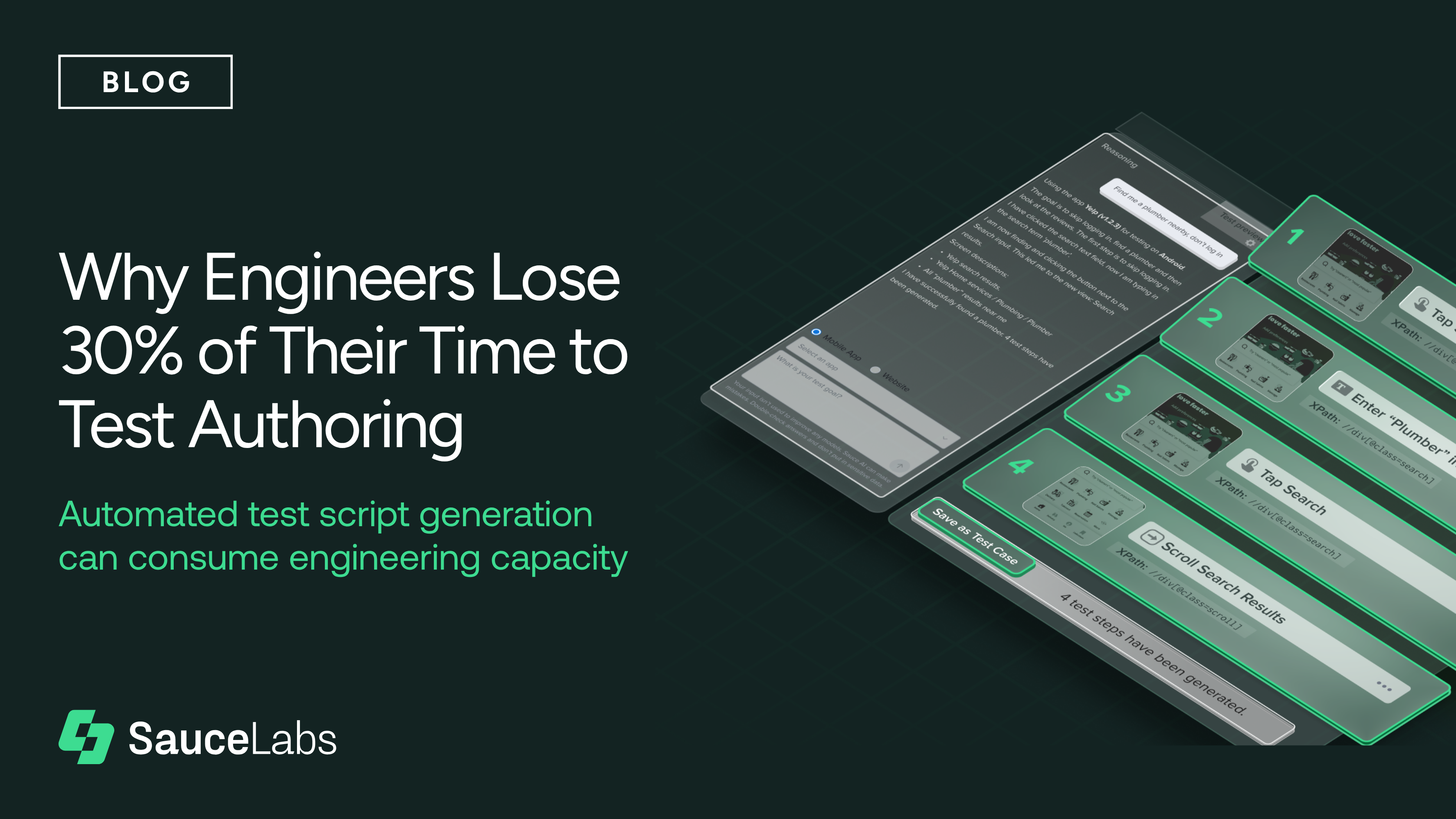 Sauce Labs blog graphic about engineers losing 30% of their time to test authoring, featuring UI screenshots on a dark background.
