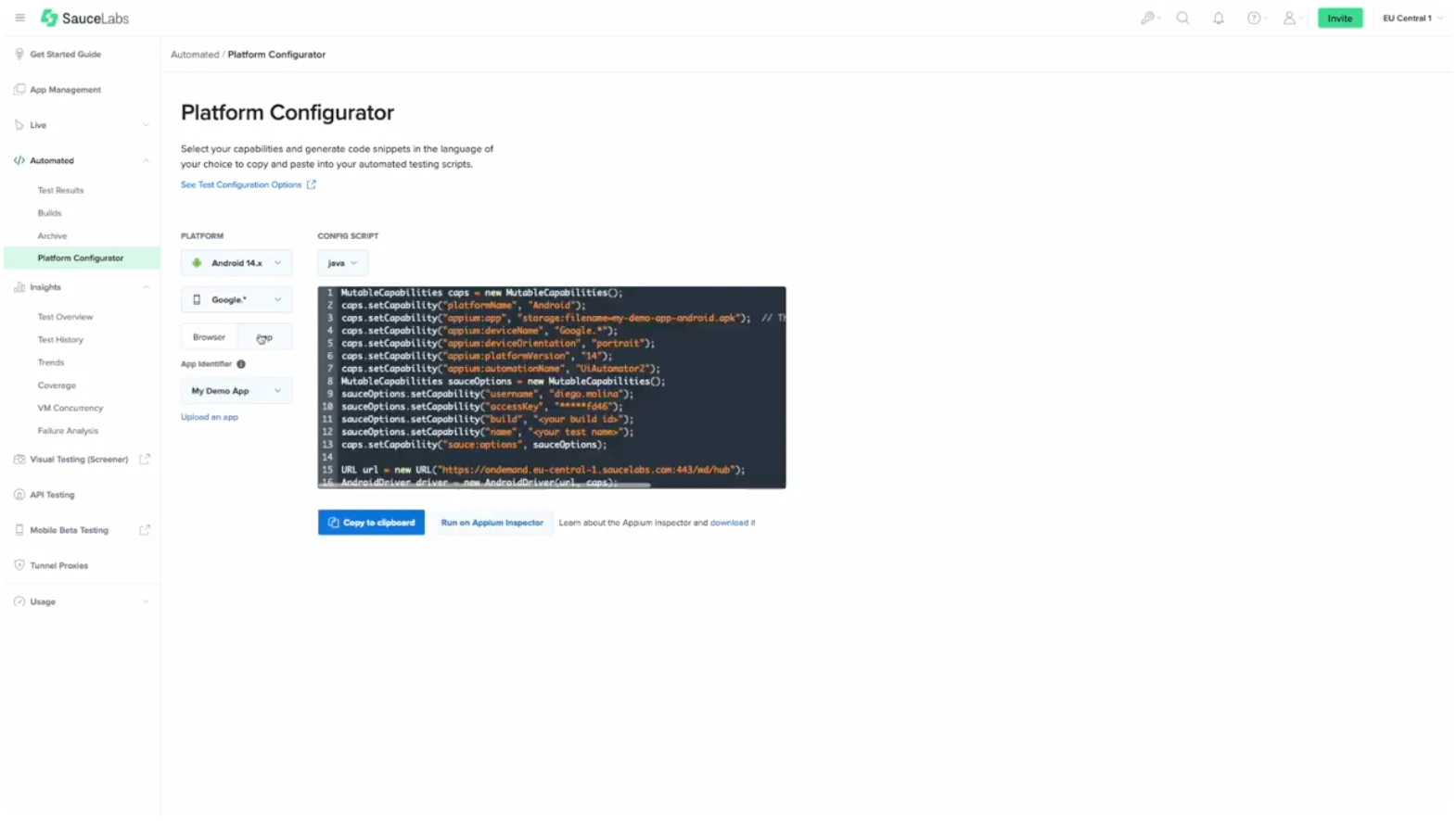 Step #5 to running mobile accessibility tests using Sauce Labs 