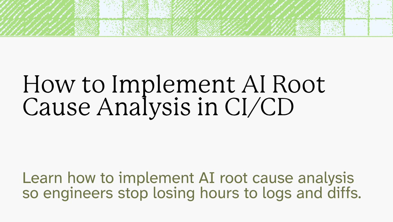 Sauce Labs blog graphic with green grid pattern header and text: How to Implement AI Root Cause Analysis in CI/CD.