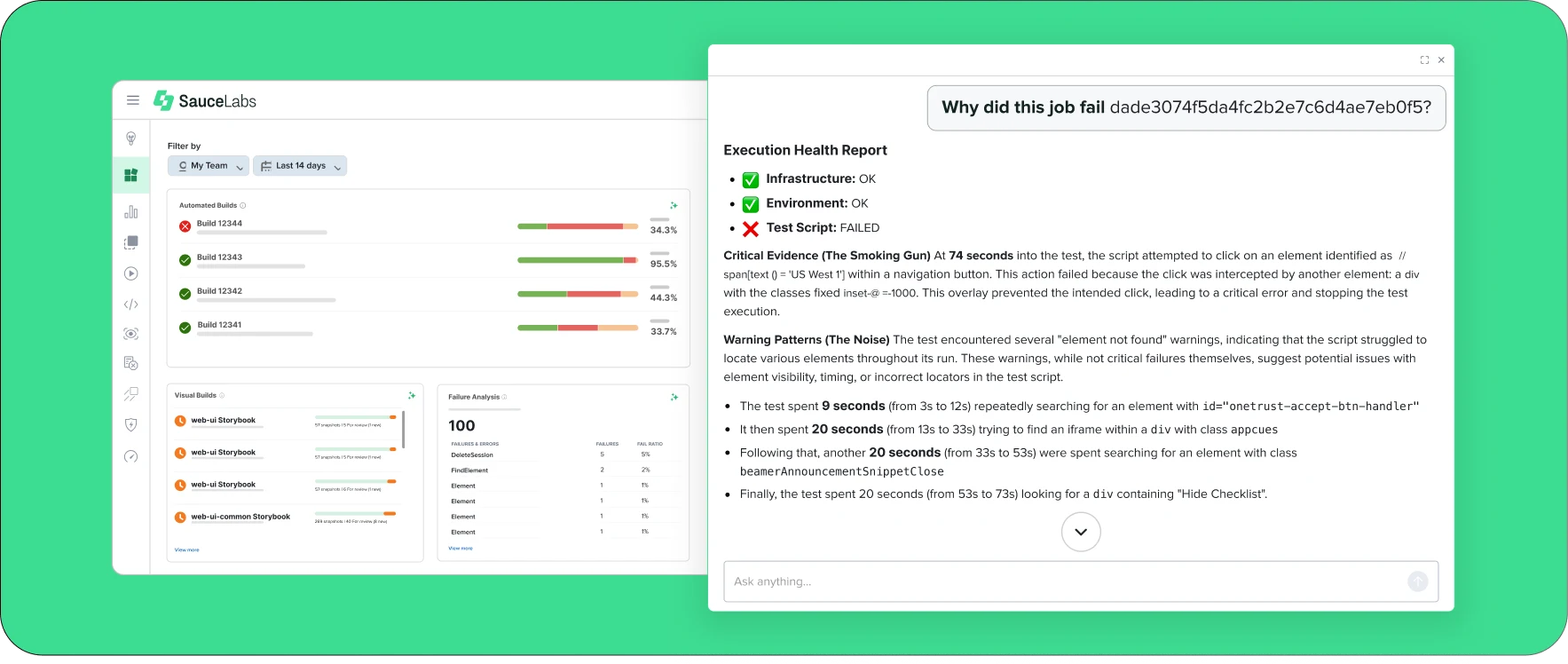 Sauce Labs interface showing a test failure report with execution health details and critical error evidence on a green background.
