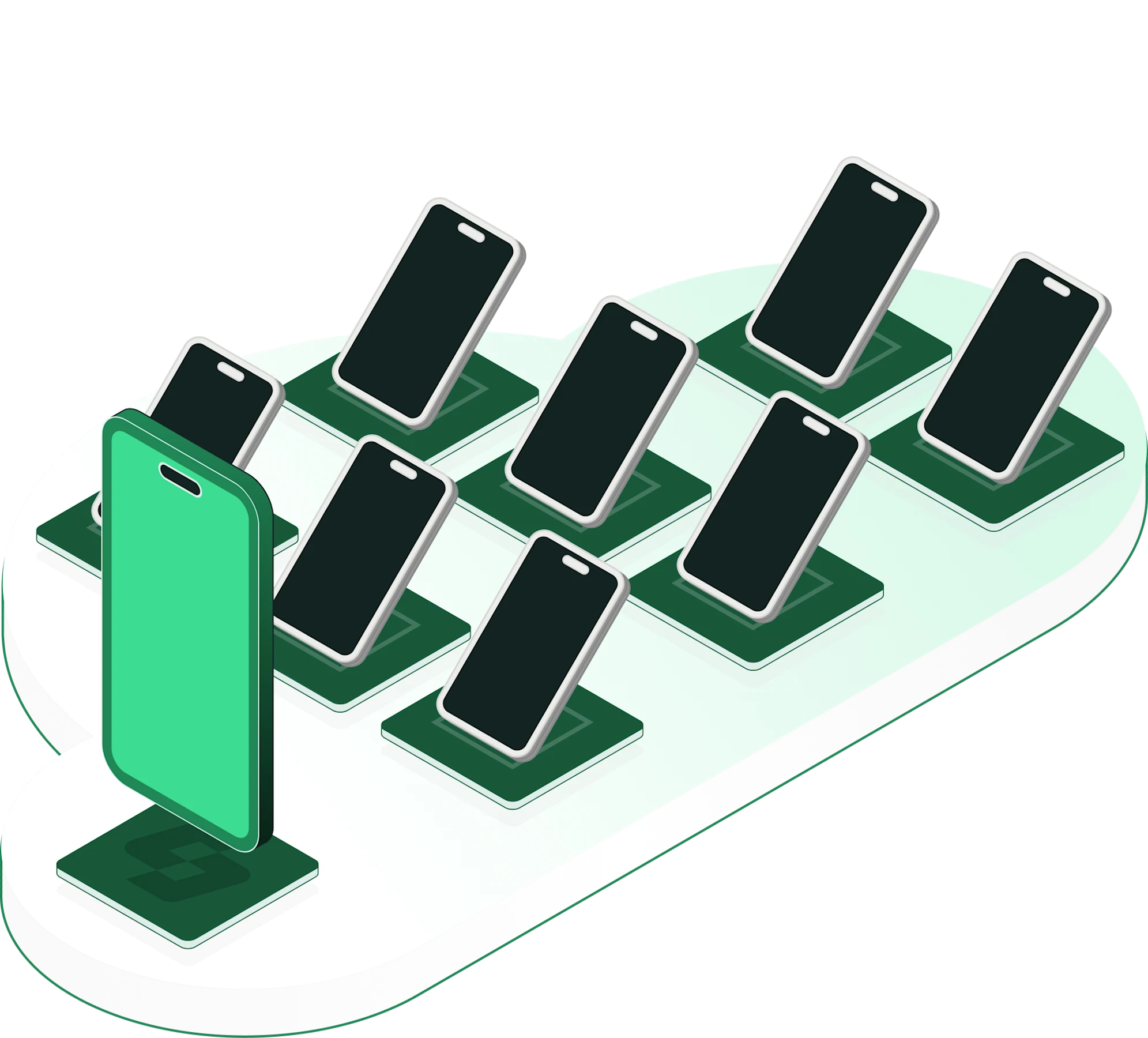 Isometric illustration of multiple smartphones on green stands, with one bright green phone leading the group.