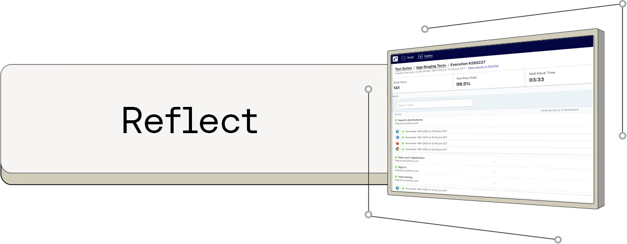 Computer screen showing Reflect test dashboard with 98.5% pass rate and test execution details in a minimalist interface.