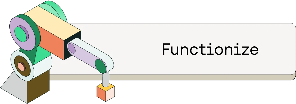 Colorful abstract mechanical illustration with geometric shapes and cylinders next to the text "Functionize"