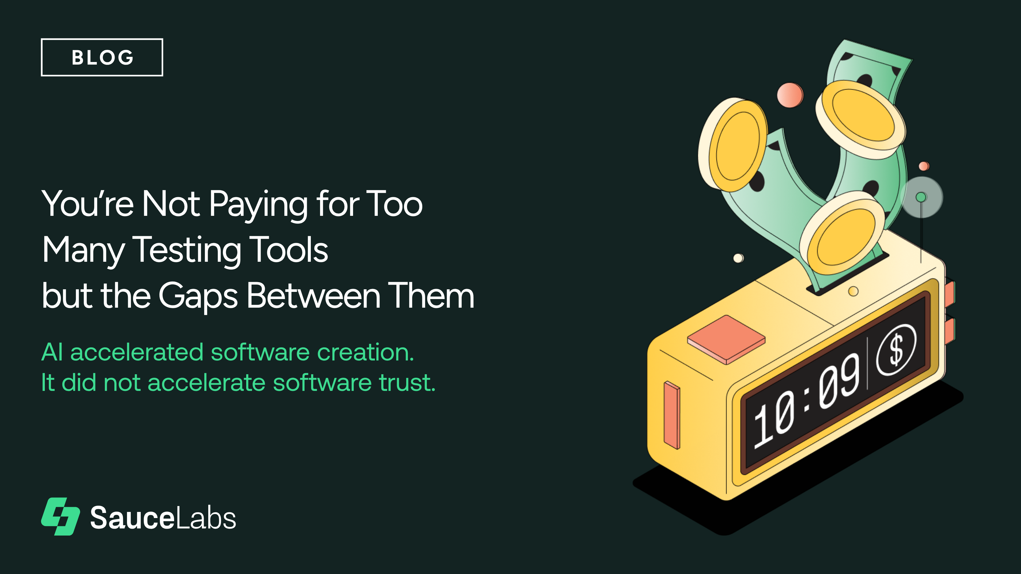 SauceLabs blog graphic with a yellow alarm clock dispensing coins and cash, titled "You're Not Paying for Too Many Testing Tools," to communicate the notion of the tool sprawl tax. 