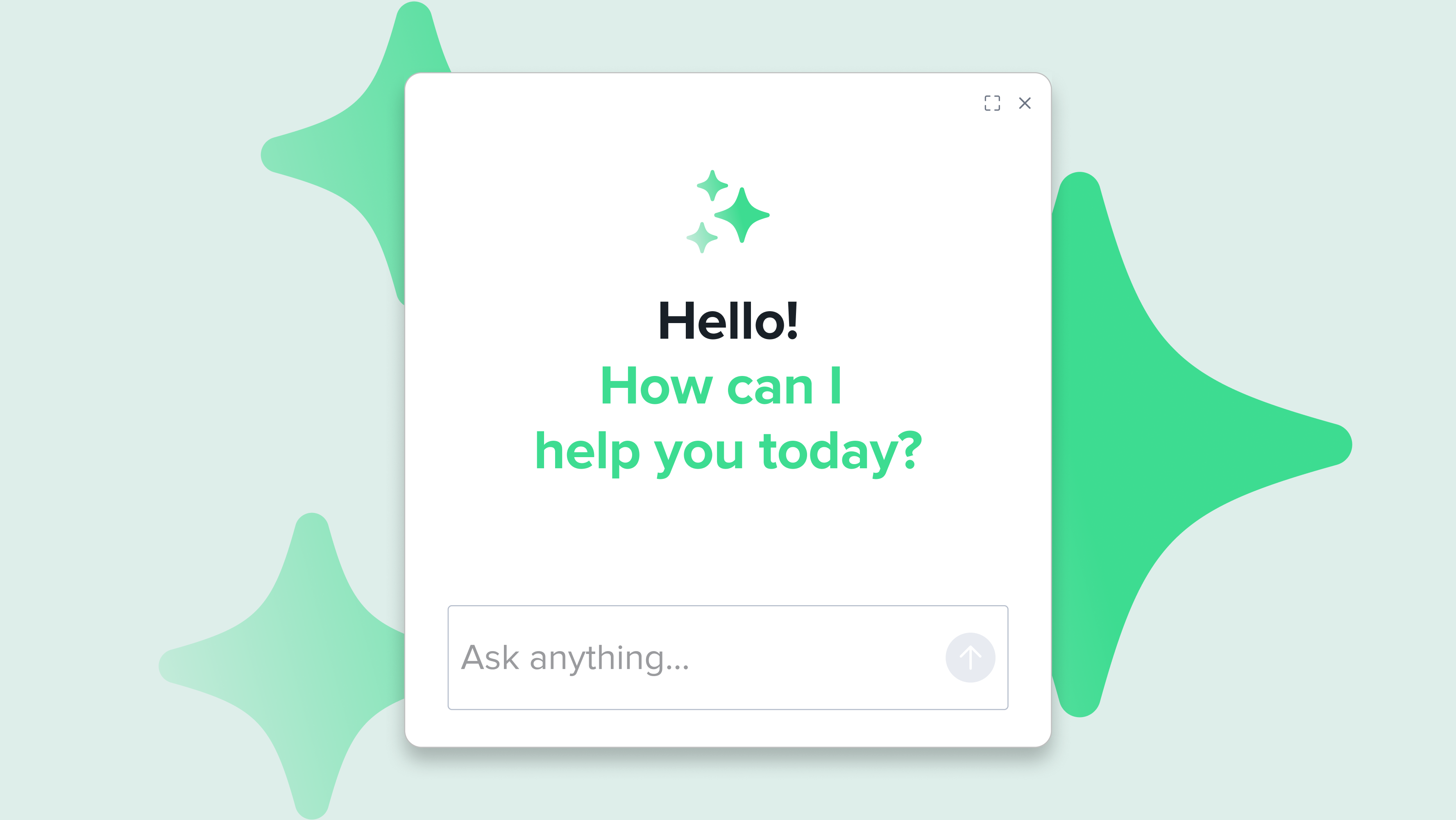 Chat interface popup with "Hello! How can I help you today?" message and text input field on mint green background with stars.