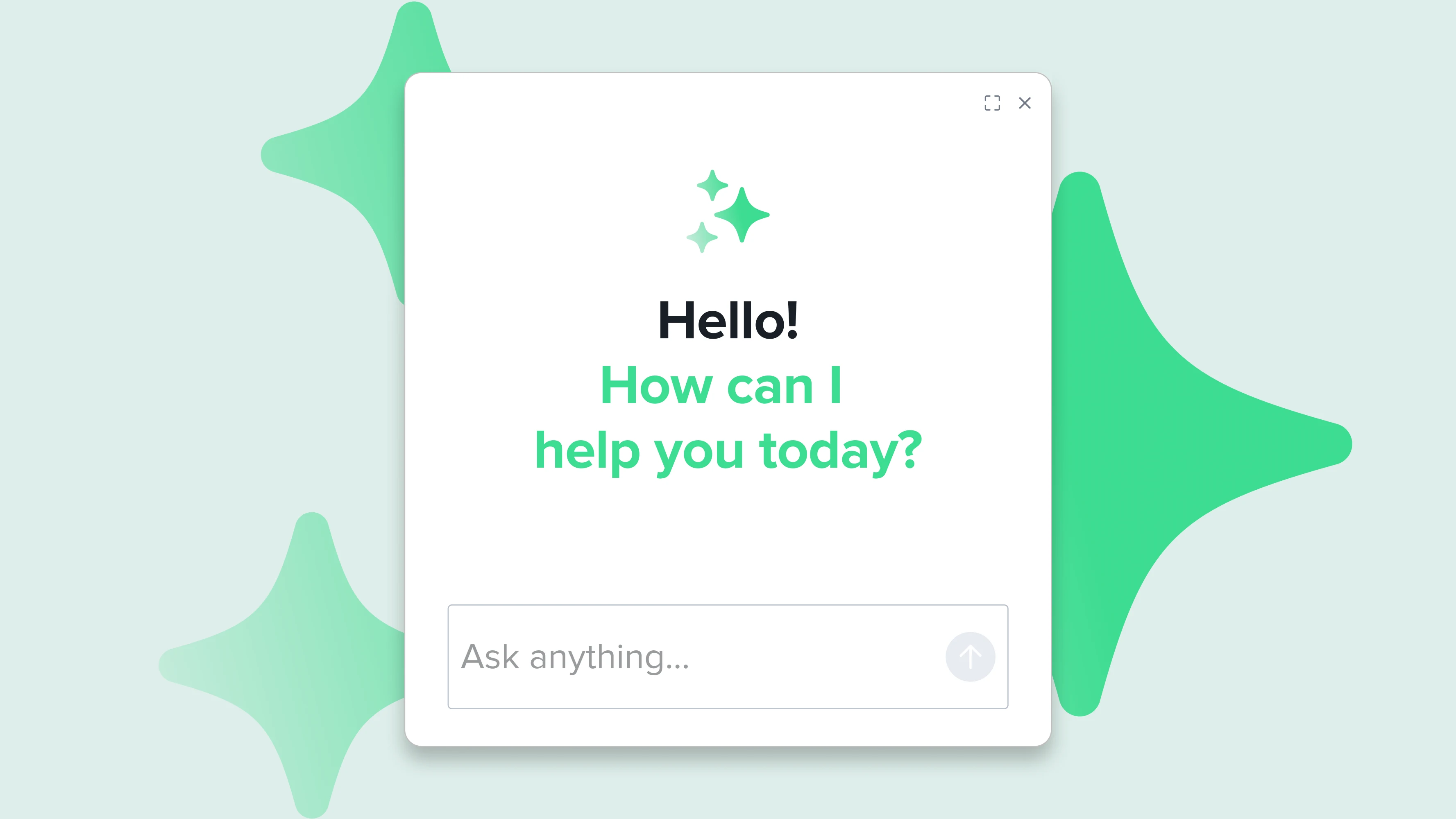 Chat interface popup with "Hello! How can I help you today?" message and text input field on mint green background with stars.