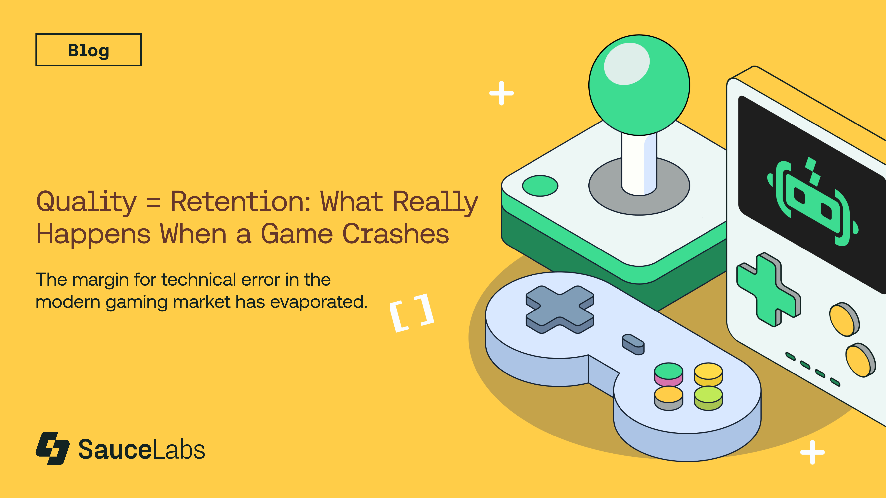 Illustrated blog post about game crashes featuring a stylized controller and joystick against a yellow background.