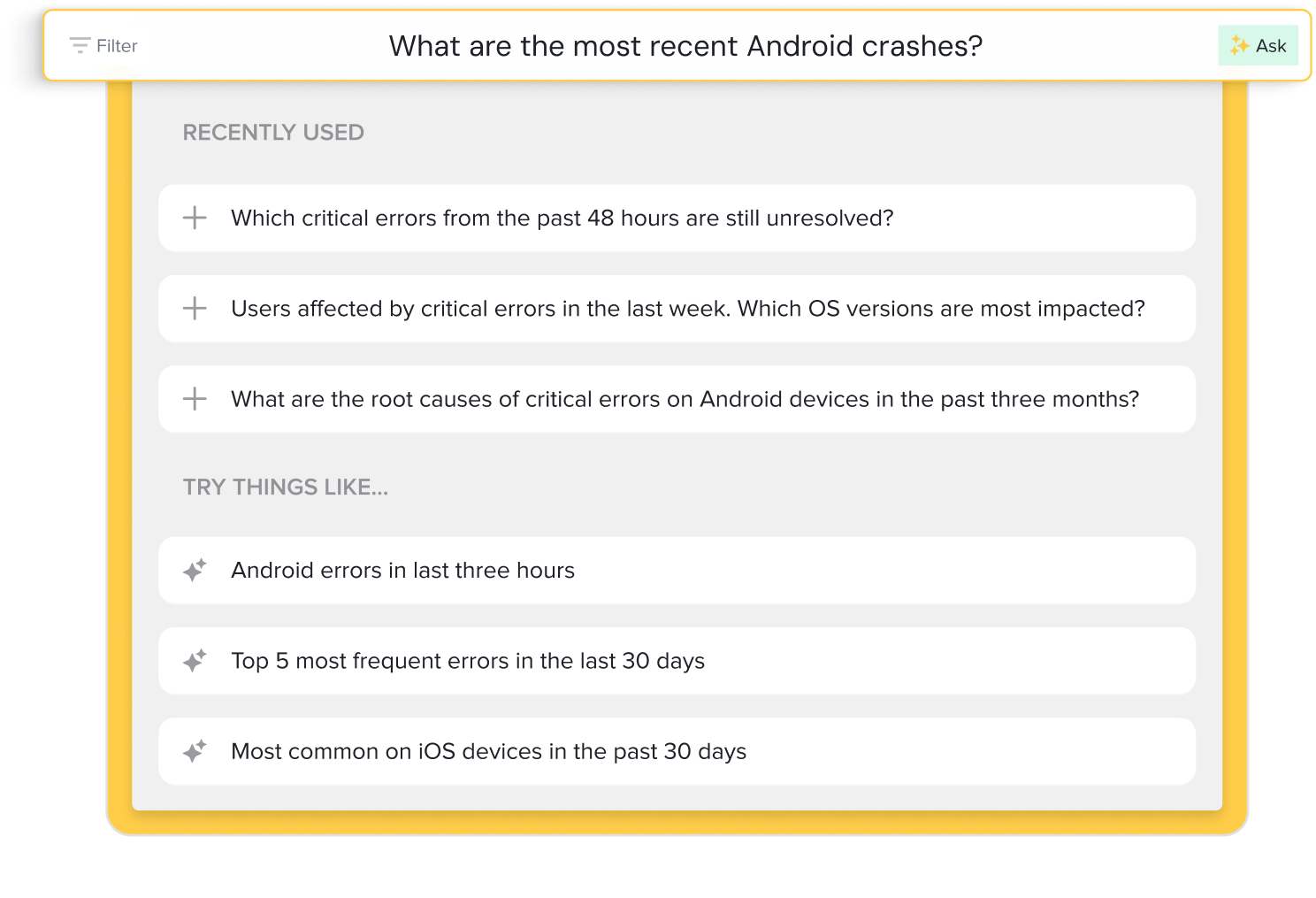 Search interface showing Android crash query with recently used questions and suggested queries about error tracking.