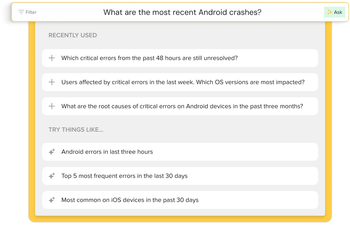 Search interface showing Android crash query with recently used questions and suggested queries about error tracking.