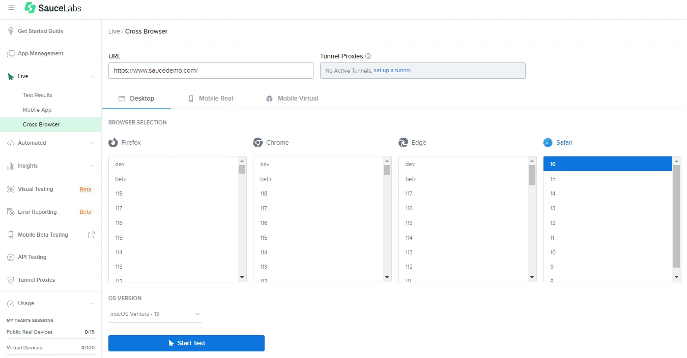 Sauce Labs cross-browser testing dashboard where a macOS test with Safari is being configured.