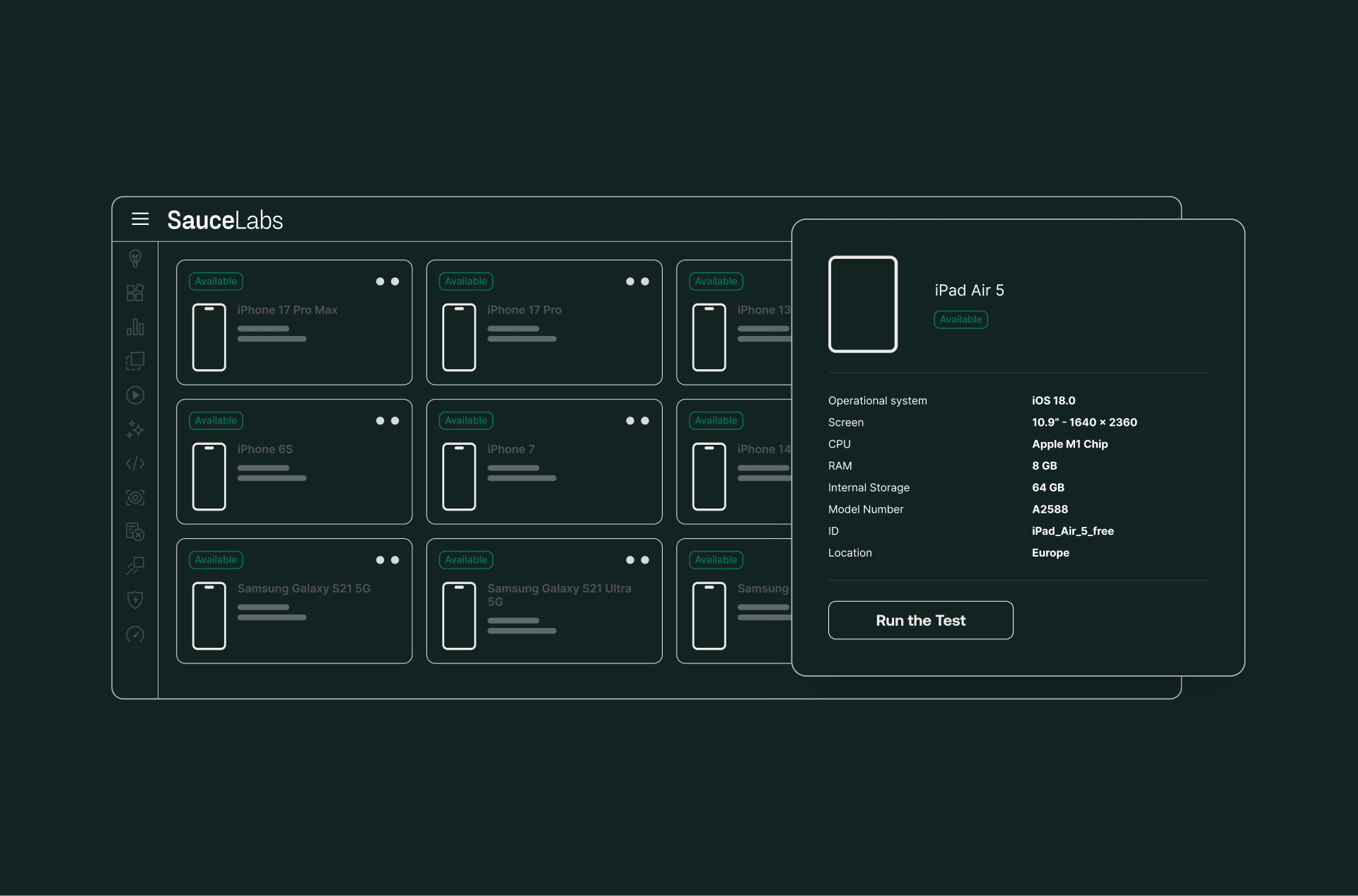 Device testing interface showing available iPhone and Samsung models with iPad Air 5 specifications panel and "Run the Test" button.