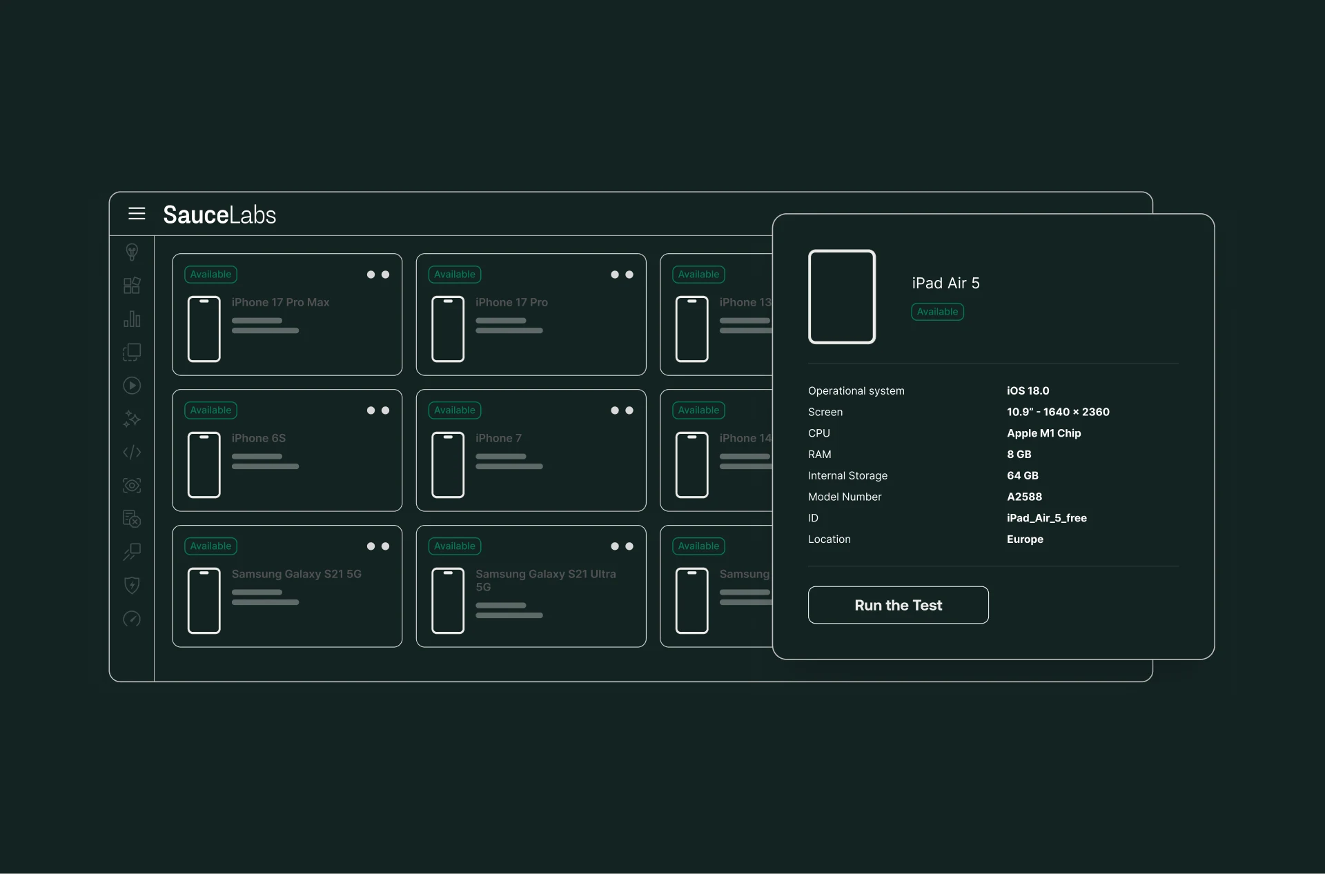 Device testing interface showing available iPhone and Samsung models with iPad Air 5 specifications panel and "Run the Test" button.