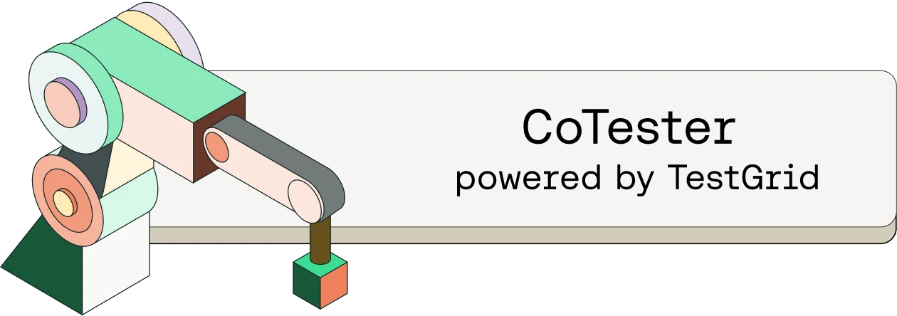 Colorful illustration of a mechanical testing device with rollers and components next to "CoTester powered by TestGrid" text.