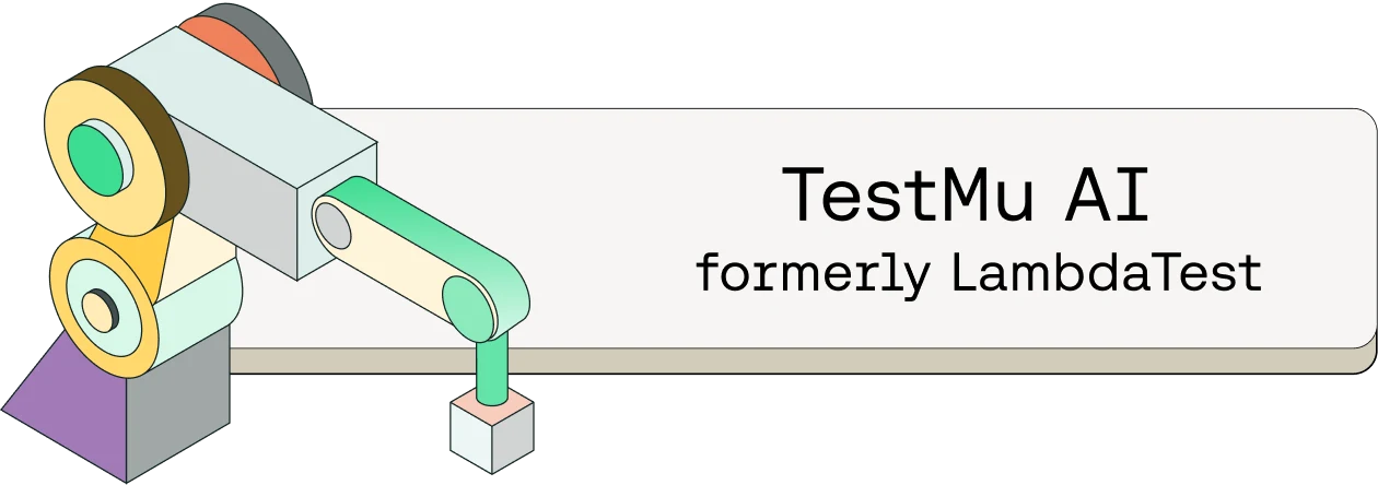 Colorful isometric illustration of a robotic arm or testing device next to the text "TestMu AI formerly LambdaTest"