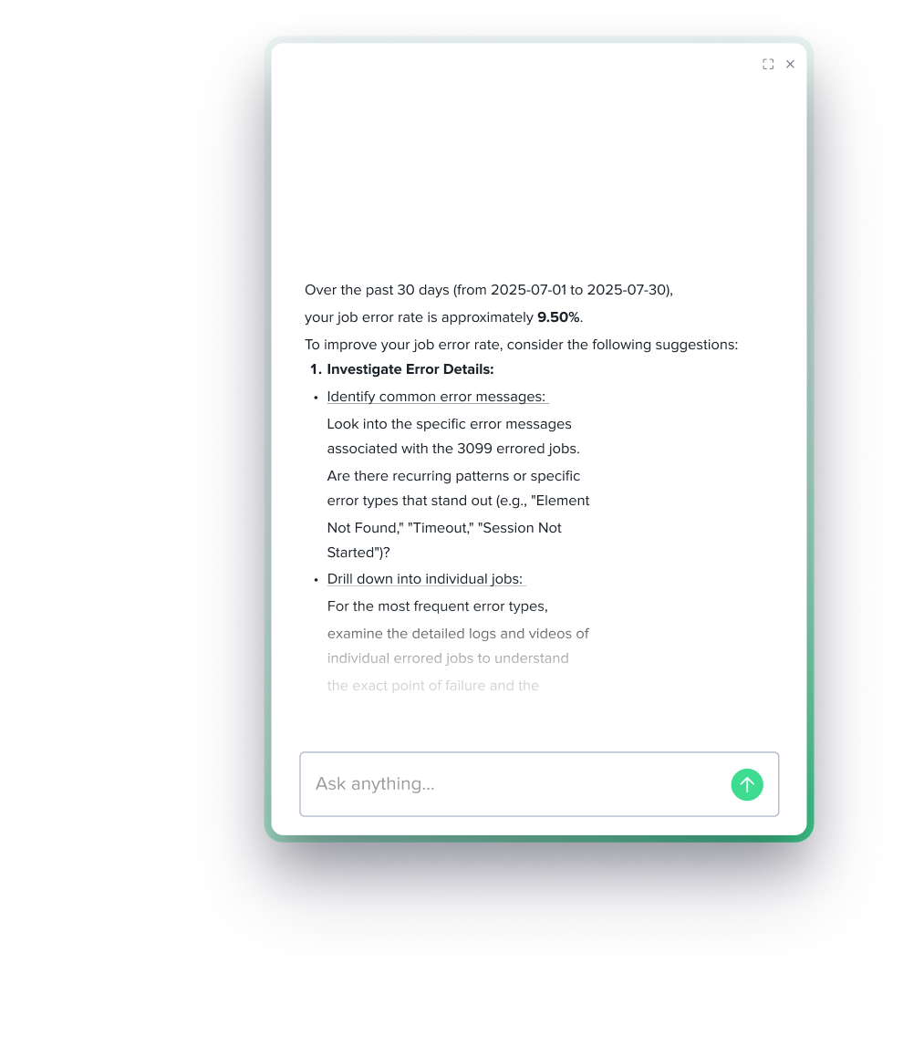 Job error rate report showing 9.50% over 30 days with suggestions to investigate error details and examine individual jobs.