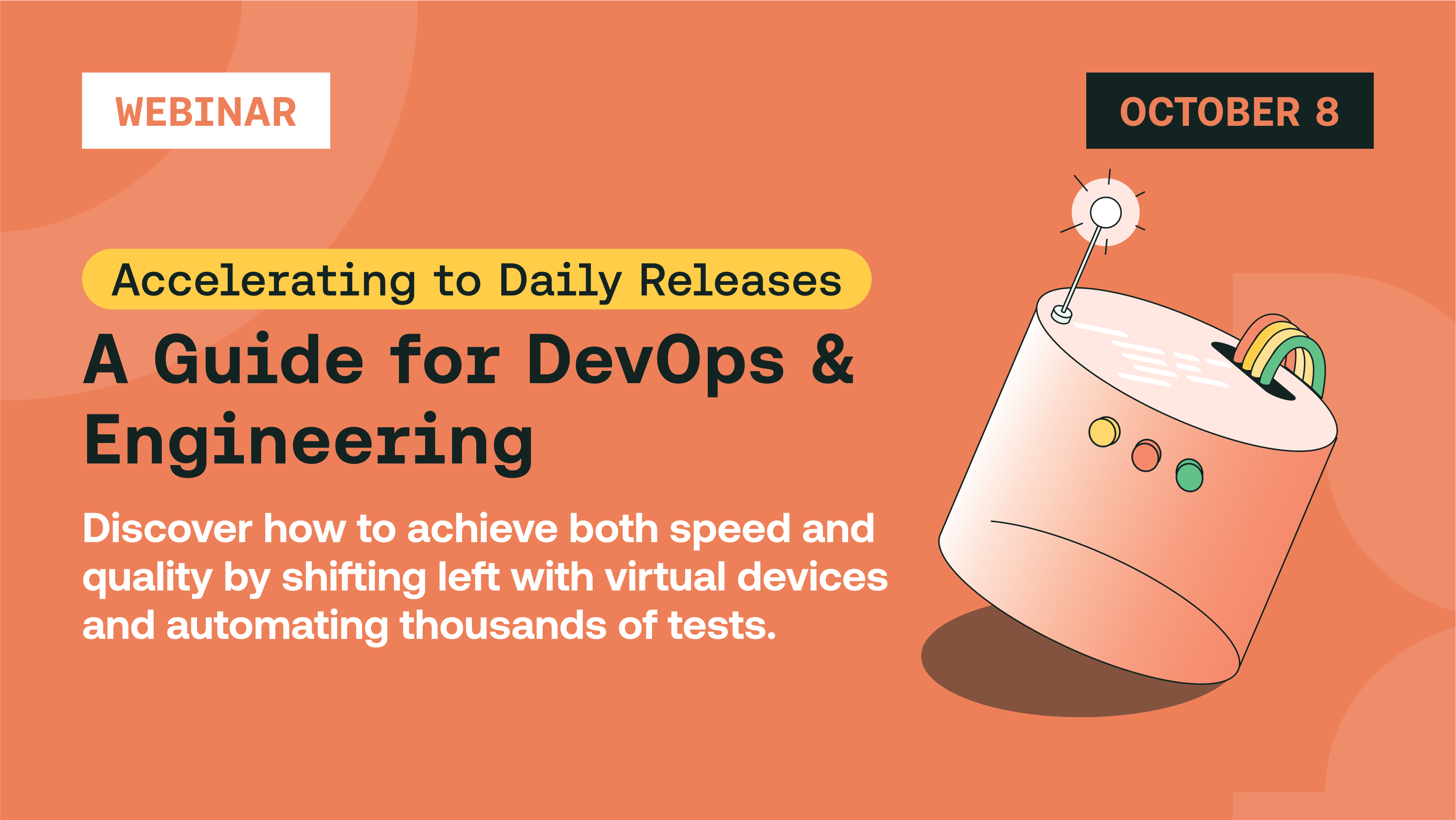 Webinar announcement for DevOps guide on daily releases with illustrated device icon, scheduled for October 8 on coral background.
