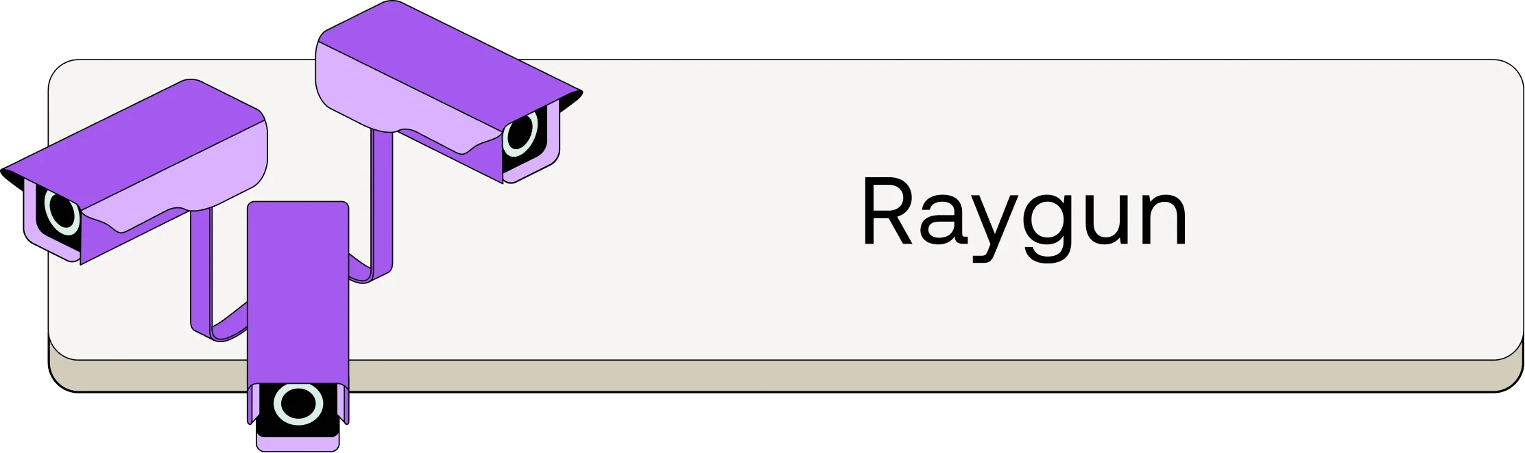 Stylized purple security cameras arranged in an isometric design with "Raygun" text on a light gray background.
