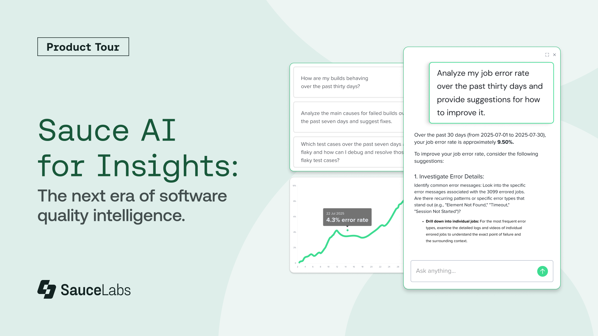 Sauce AI product tour showing software quality intelligence dashboard with job error rate analysis and improvement suggestions.
