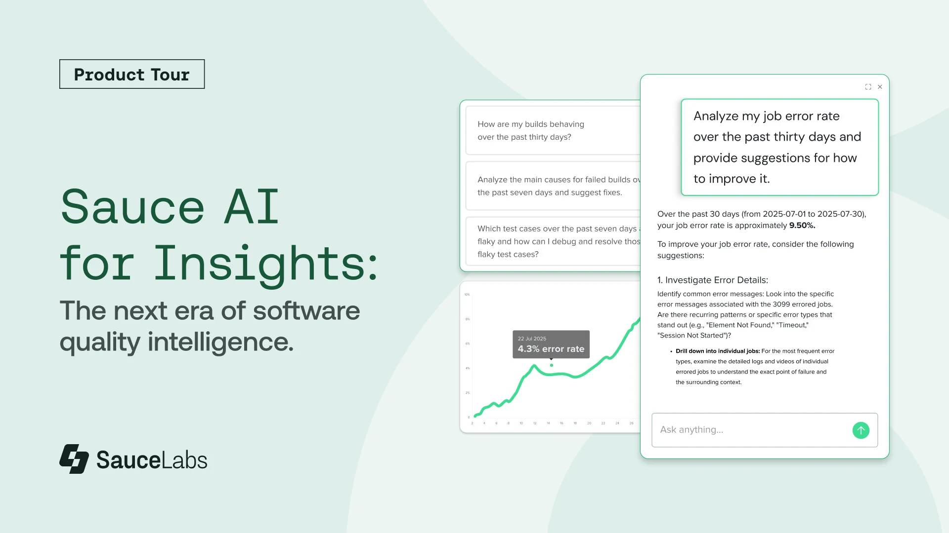 Sauce AI product tour showing software quality intelligence dashboard with job error rate analysis and improvement suggestions.