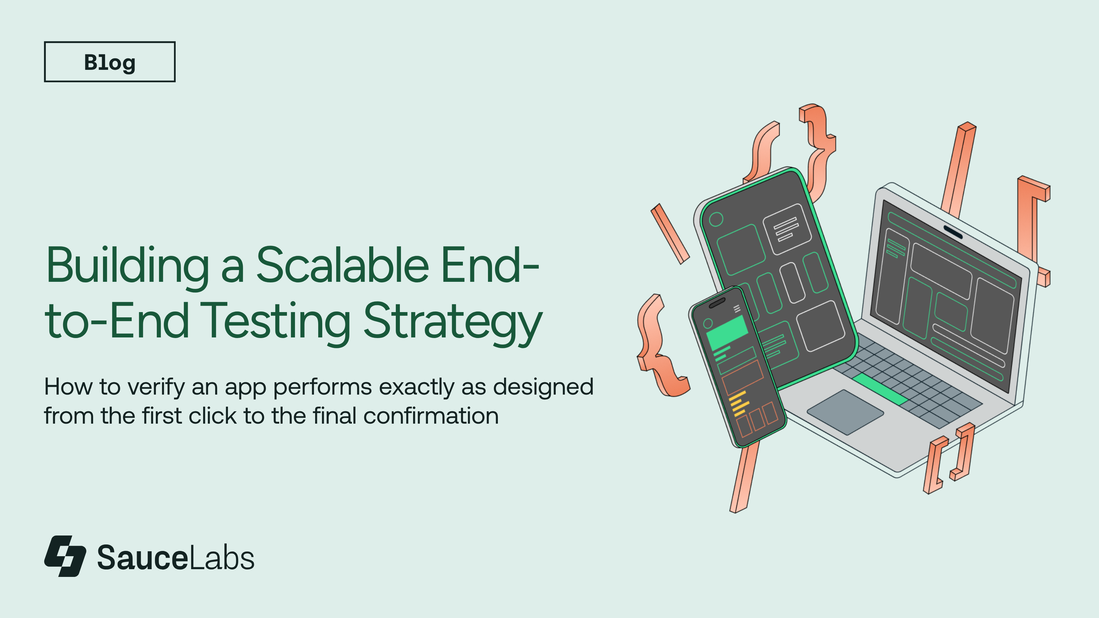 Illustrated blog header showing a laptop and smartphone with app interfaces for end-to-end testing strategy by SauceLabs.