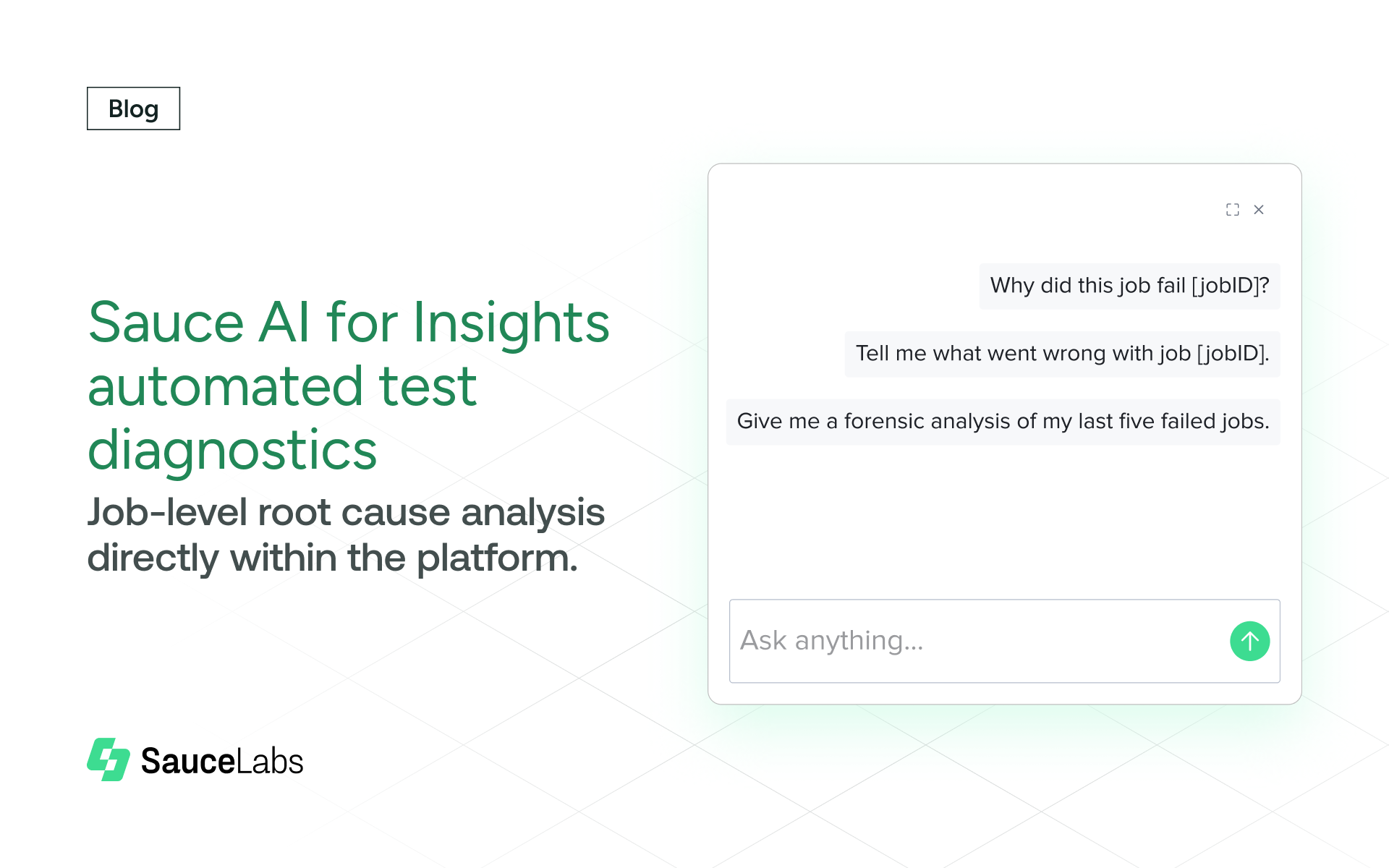 Sauce AI interface showing automated test diagnostics with chat panel for job failure analysis and troubleshooting.