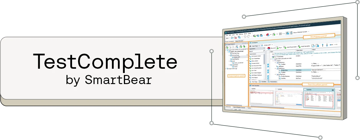 TestComplete by SmartBear software interface showing test management dashboard with multiple panels and navigation options.
