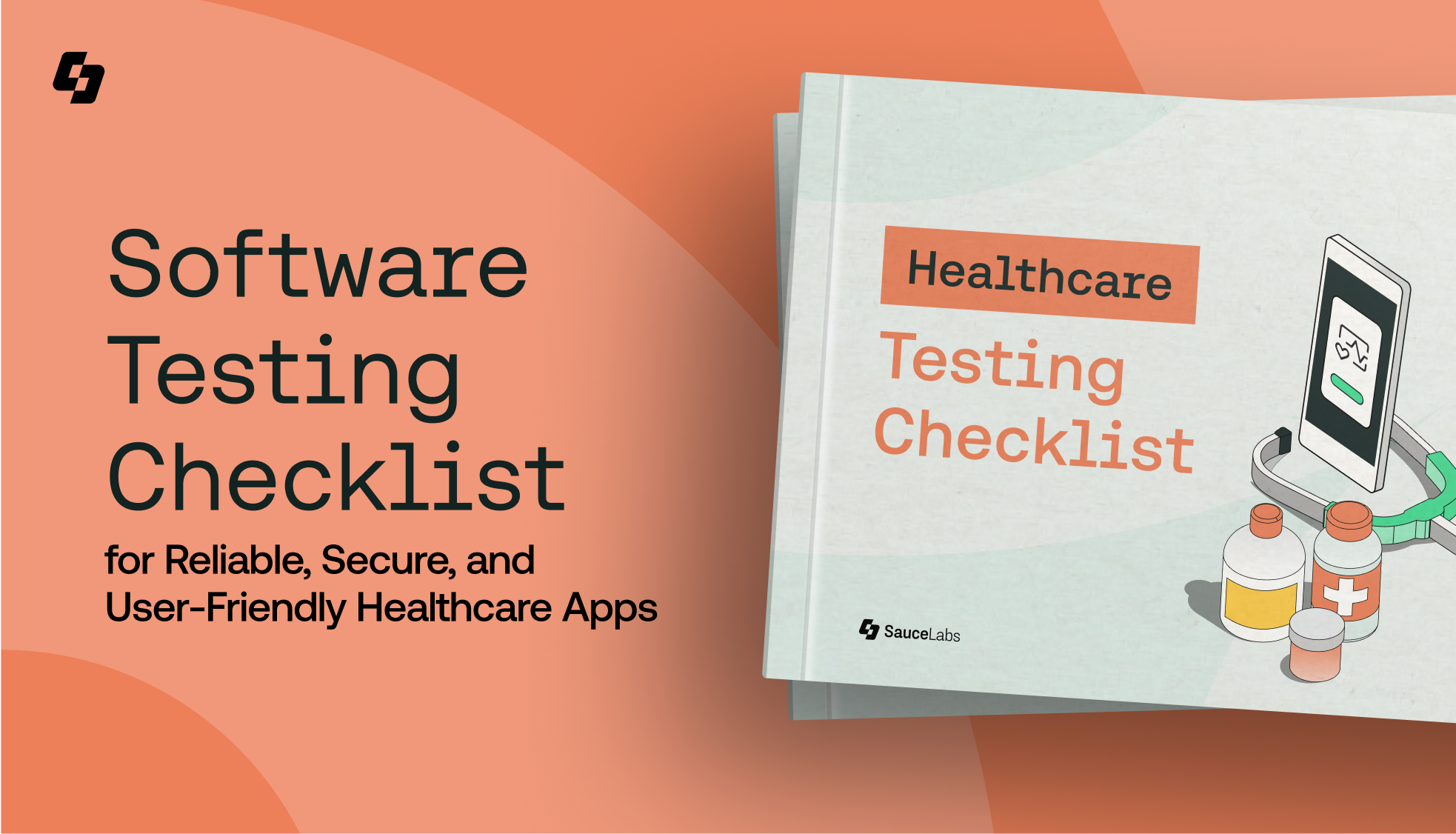Coral colored tile image with an image of a healthcare testing app guide and title: Software Testing Checklist