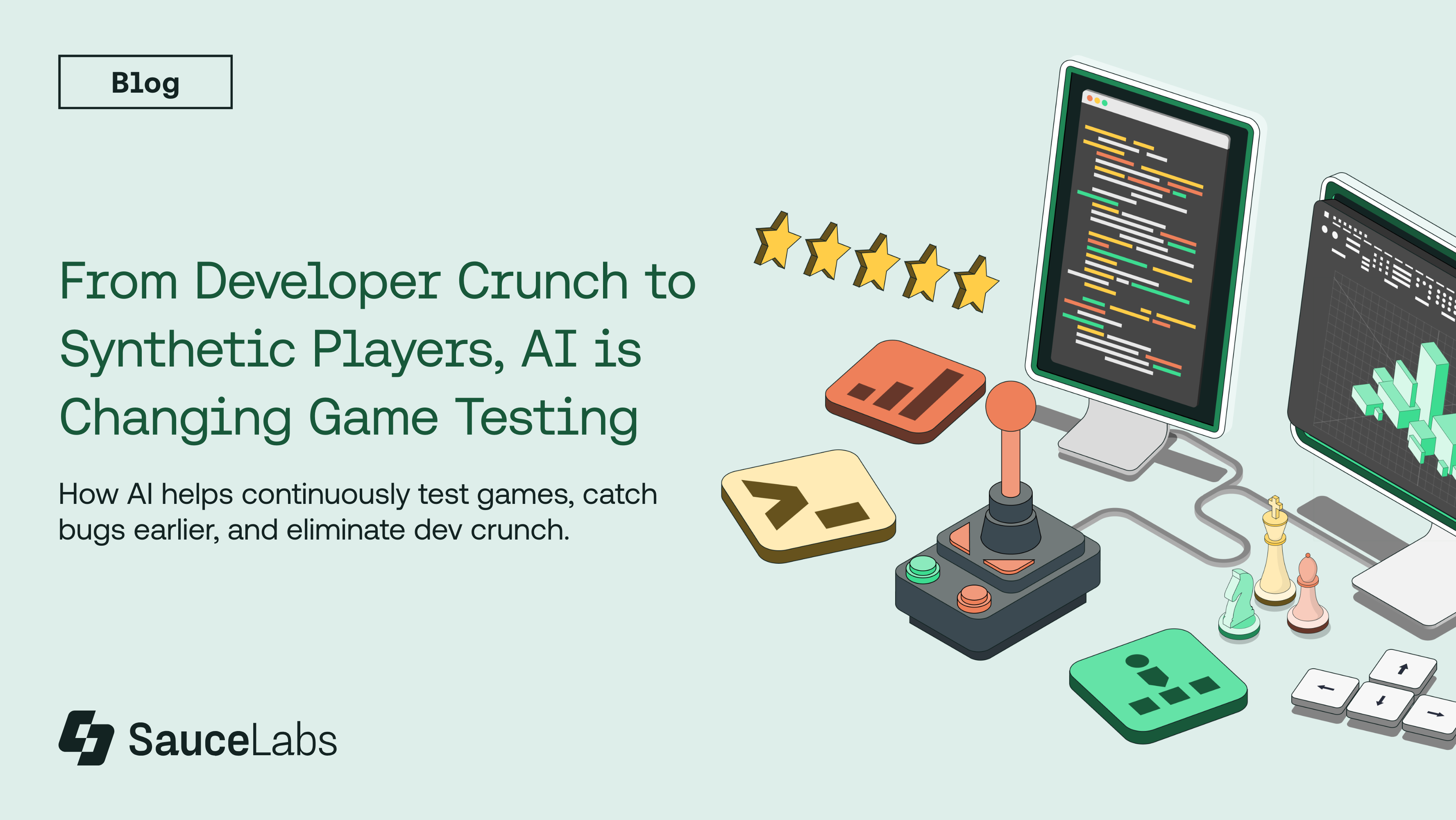 Blog graphic about AI changing game testing that shows a joystick, code screens, chess pieces, and five gold stars representing quality ratings.