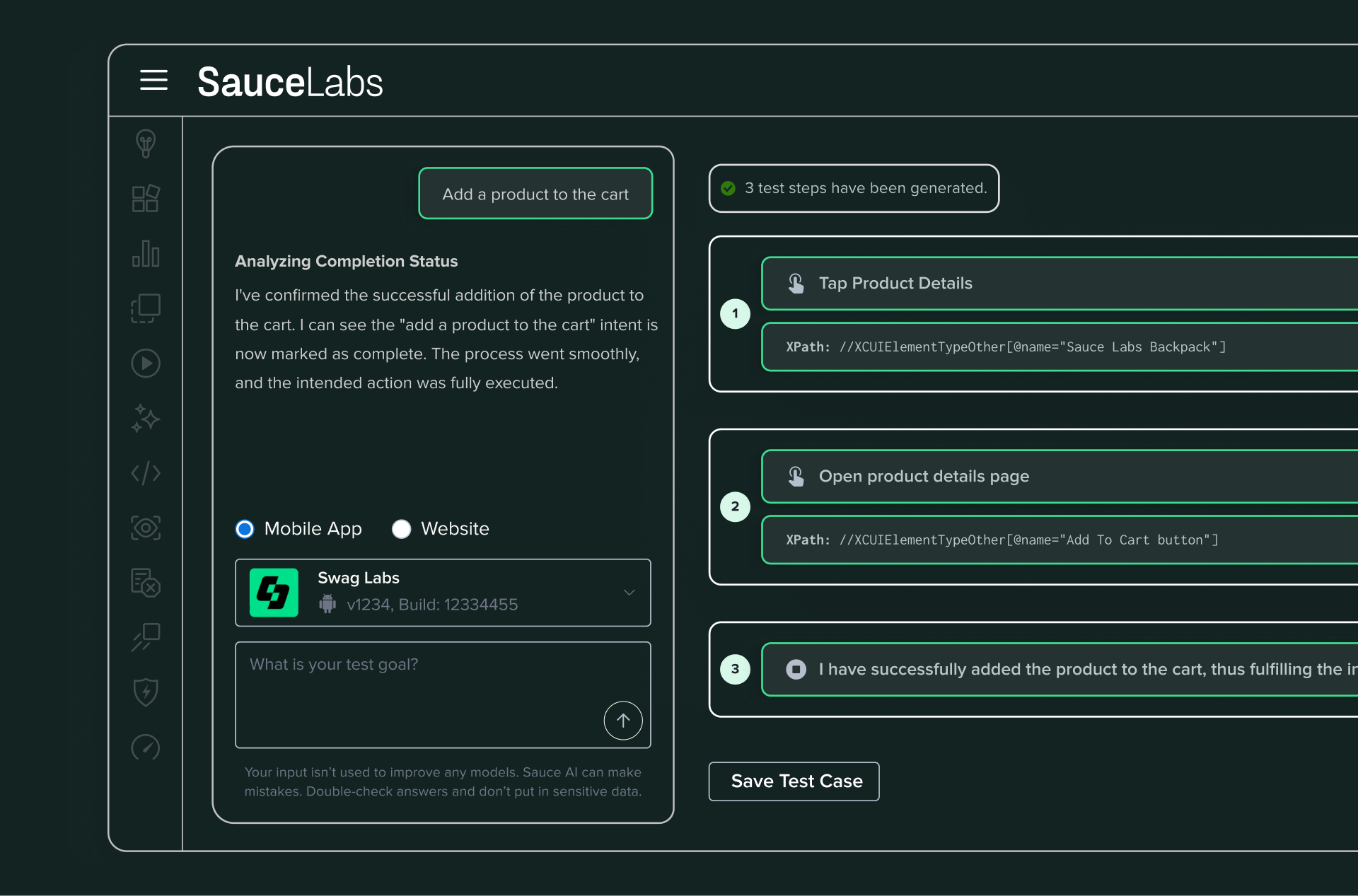 SauceLabs interface showing completed test steps for adding a product to cart with analysis and XPath details.