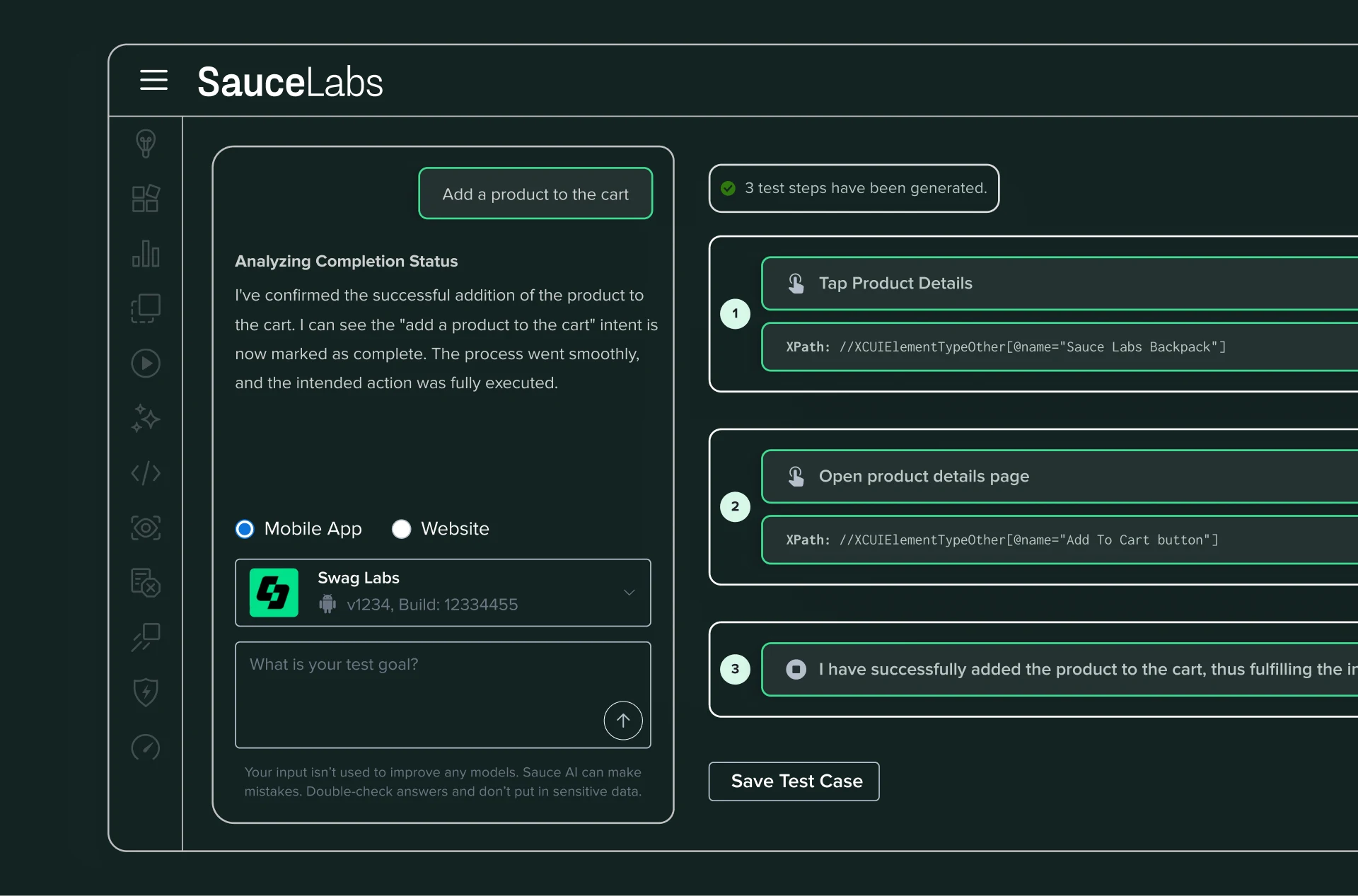 SauceLabs interface showing completed test steps for adding a product to cart with analysis and XPath details.