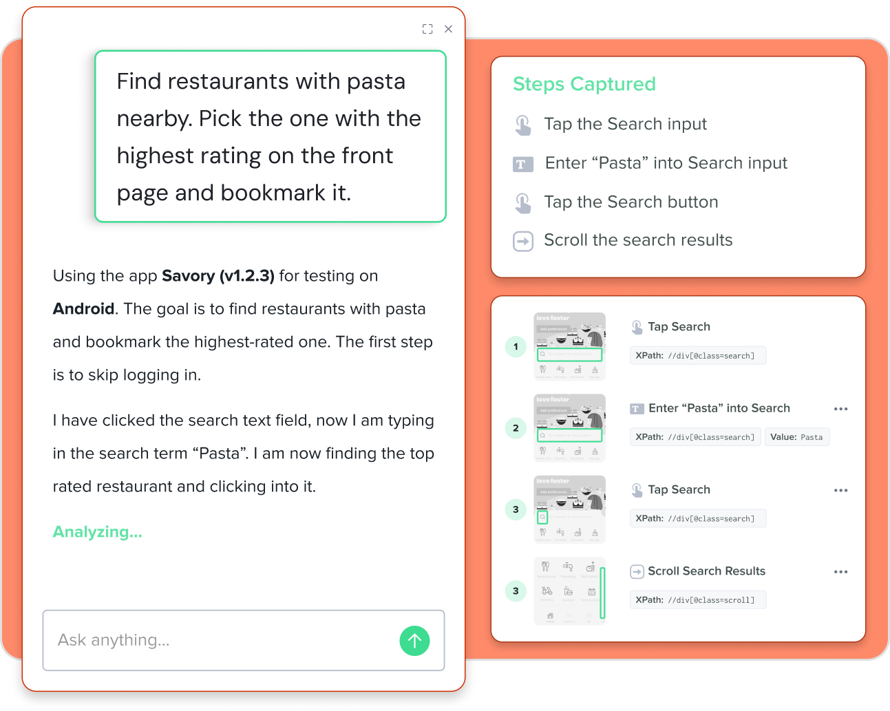 App interface showing task instructions to find pasta restaurants, with captured search steps and testing details for Savory app.