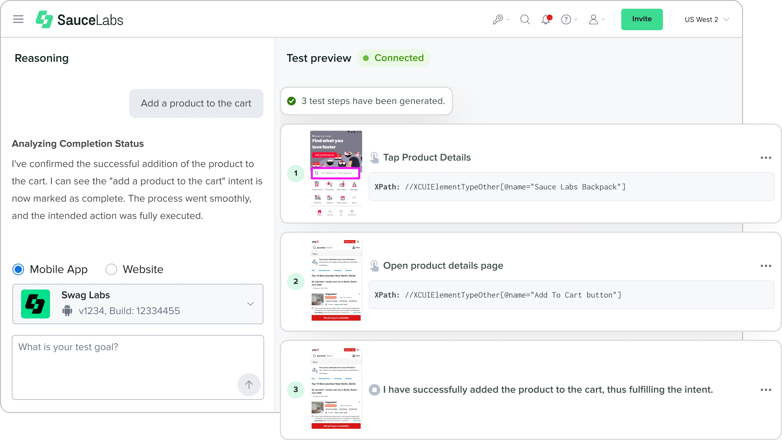 SauceLabs interface showing test preview with 3 generated steps for adding a product to cart, with connected status.