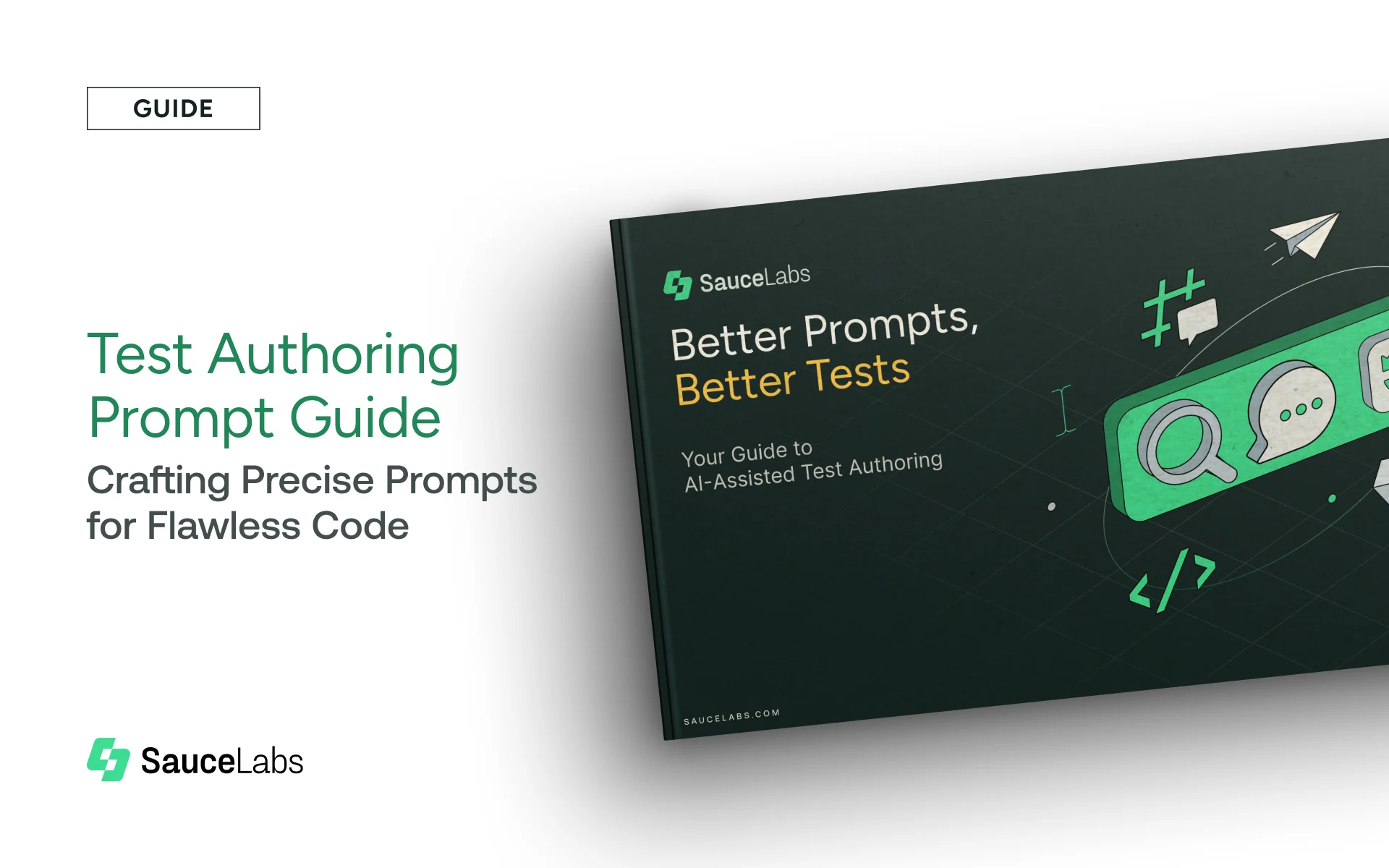 Sauce AI for Test Authoring Prompt Guide cover showing a dark green book with icons and text about crafting precise prompts for code testing.