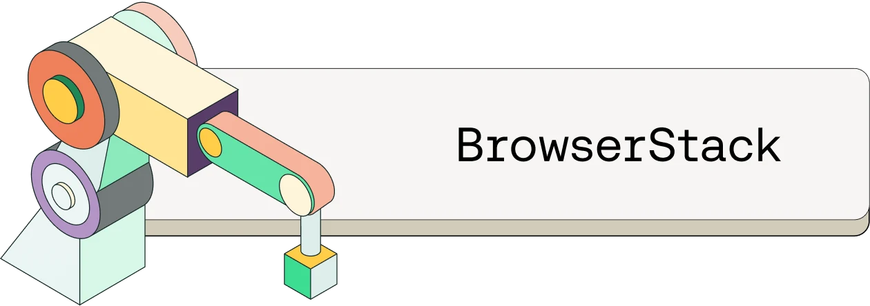 Colorful abstract geometric illustration with interconnected shapes and cylinders next to the BrowserStack text.