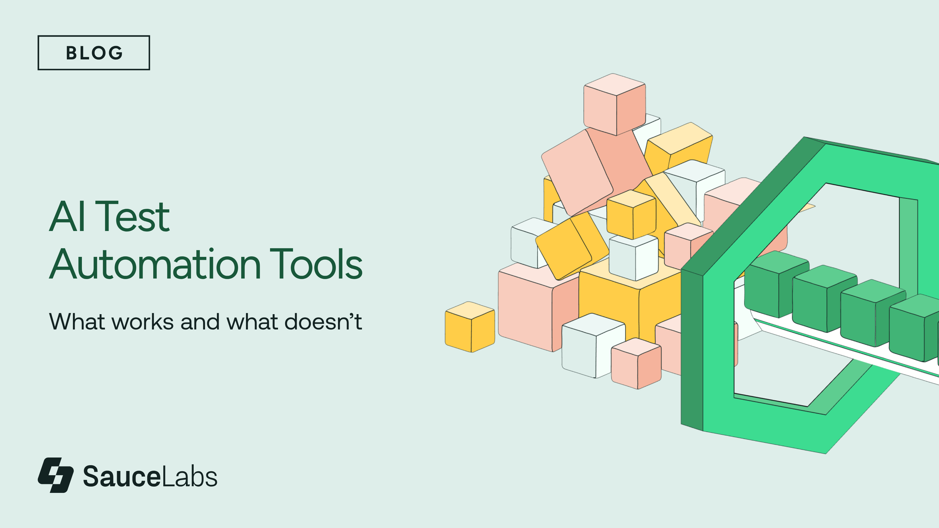 Sauce Labs guide graphic titled AI Test Automation Tools with colorful 3D blocks and a green geometric frame on mint background.