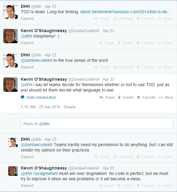 Tweets from DHH about test driven development