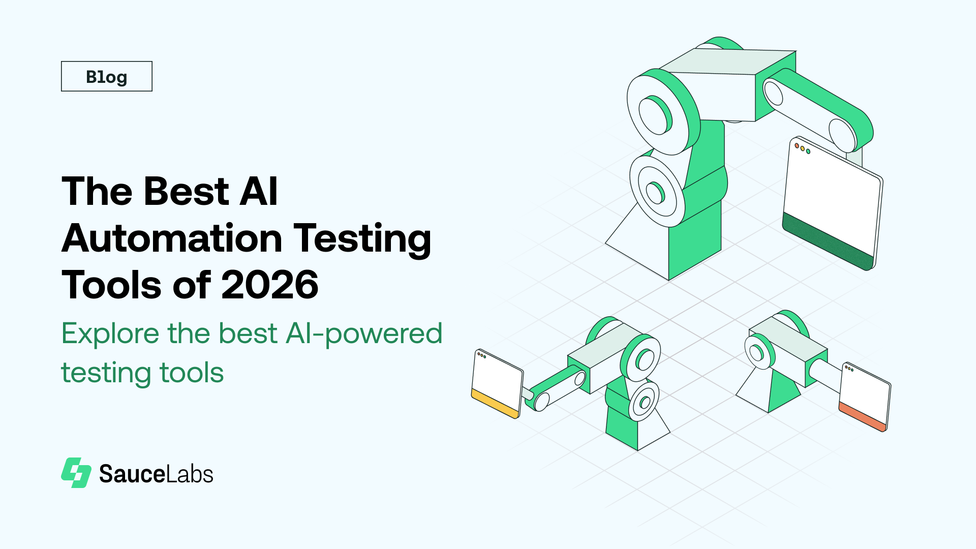 Blog header image showing green AI automation testing tools with digital devices connected by conveyor belts on a grid background.