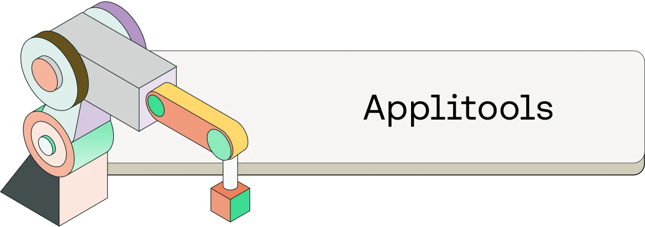 Colorful abstract illustration of mechanical components with gears and cylinders next to the text "Applitools"