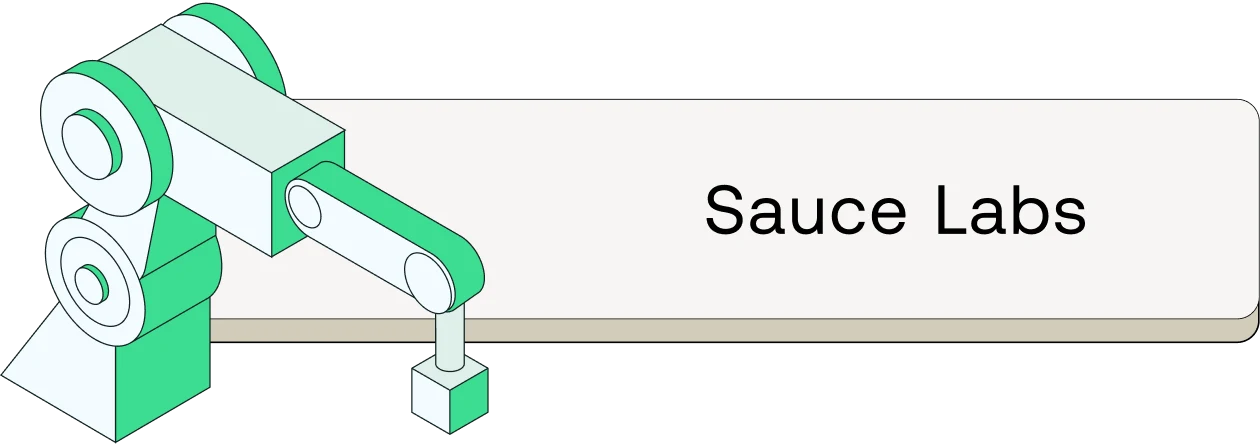 Stylized isometric illustration of a green and white mechanical device with gears and conveyor belt next to "Sauce Labs" text.
