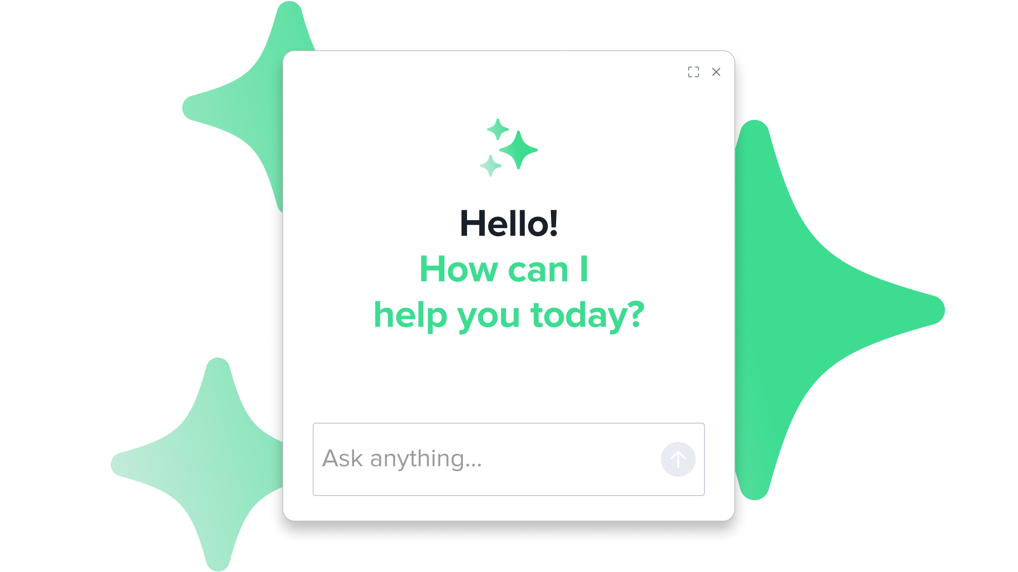 Chat interface with "Hello! How can I help you today?" greeting and text input field against a green background with sparkles.